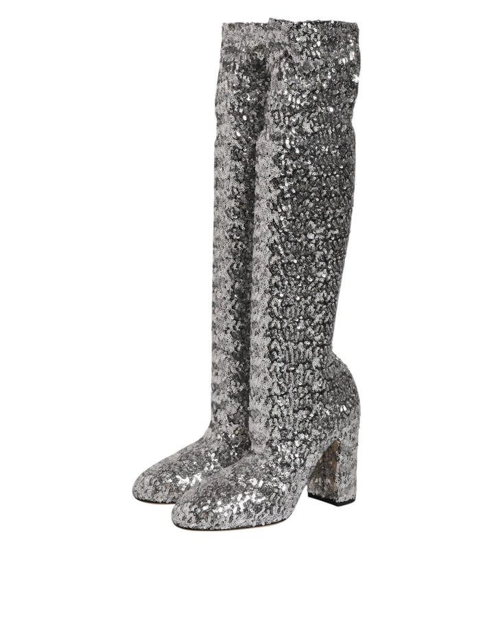 Dolce & Gabbana Shoes Silver Sequins Glitter High Heel Boot Shoes