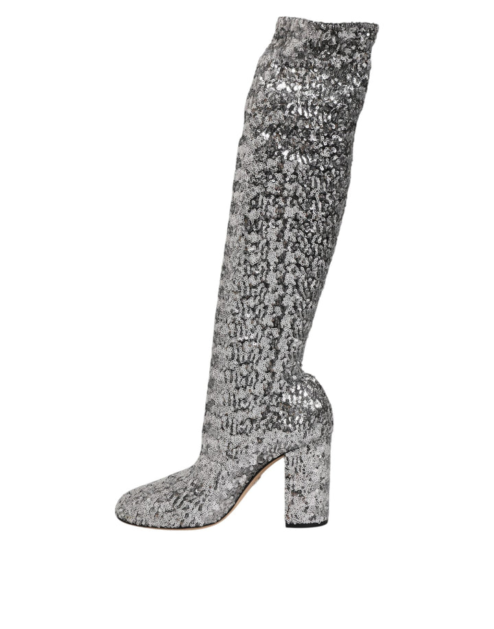 Dolce & Gabbana Shoes Silver Sequins Glitter High Heel Boot Shoes